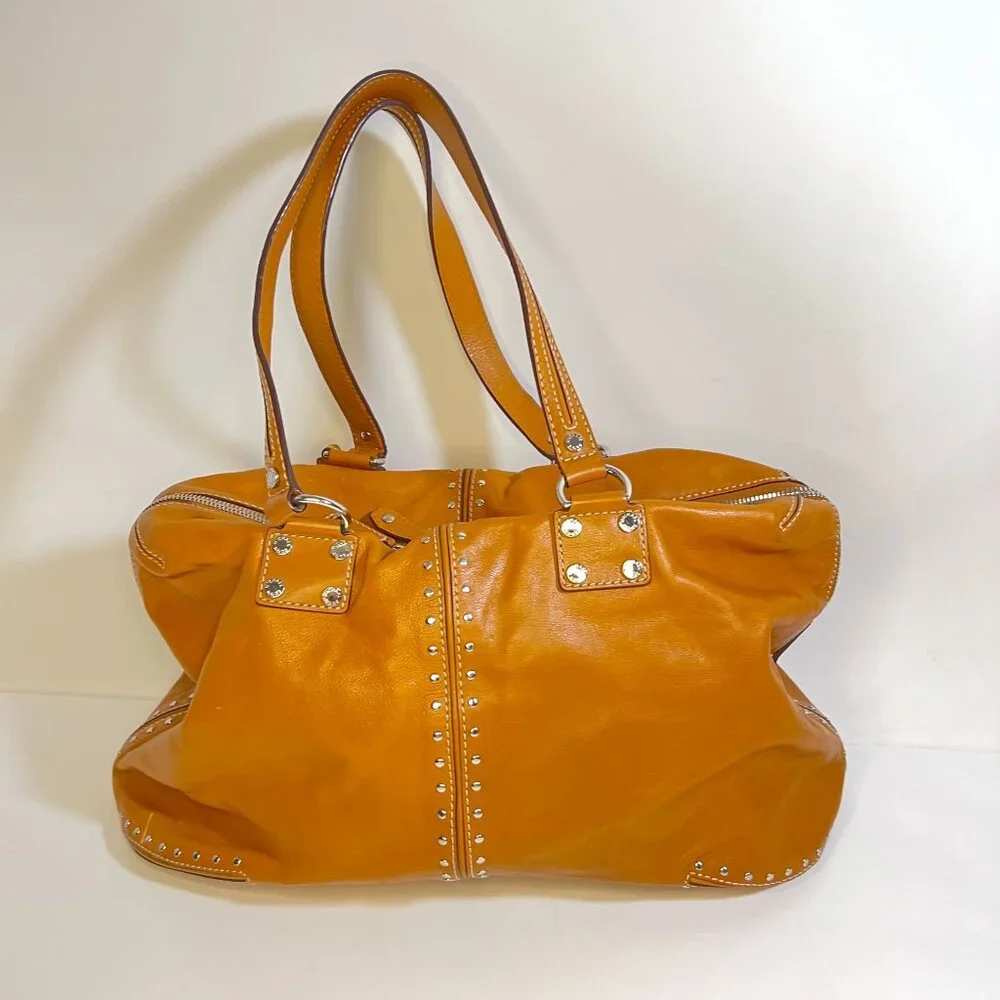 Michael Kors Tan Studded Leather Tote Bag With MK Charm & Zip Closure
